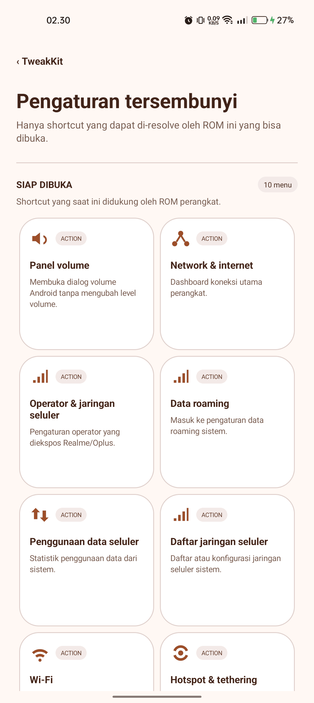 TweakKit screen that lists compatible Android settings shortcuts by their availability on the current ROM.